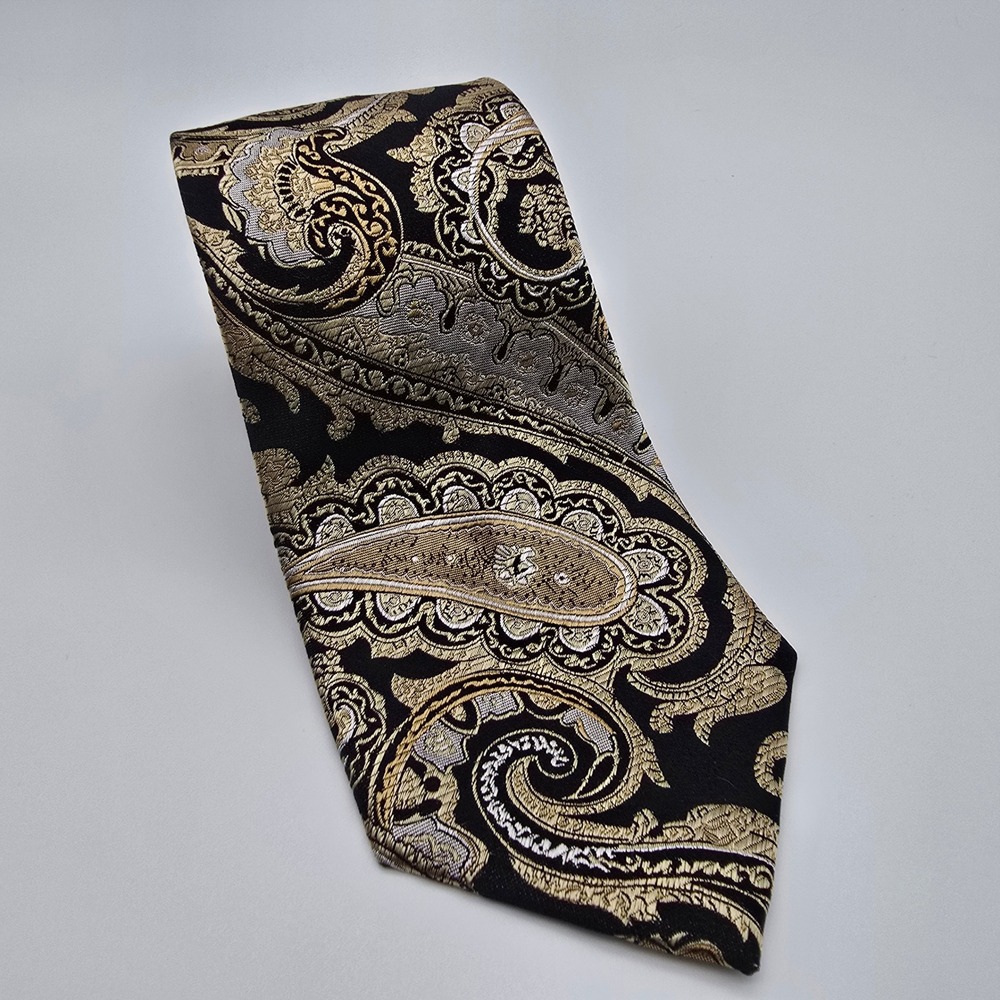 Sean John Mens Silk Tie Black Gold Silver Paisley Woven Jacquard Necktie